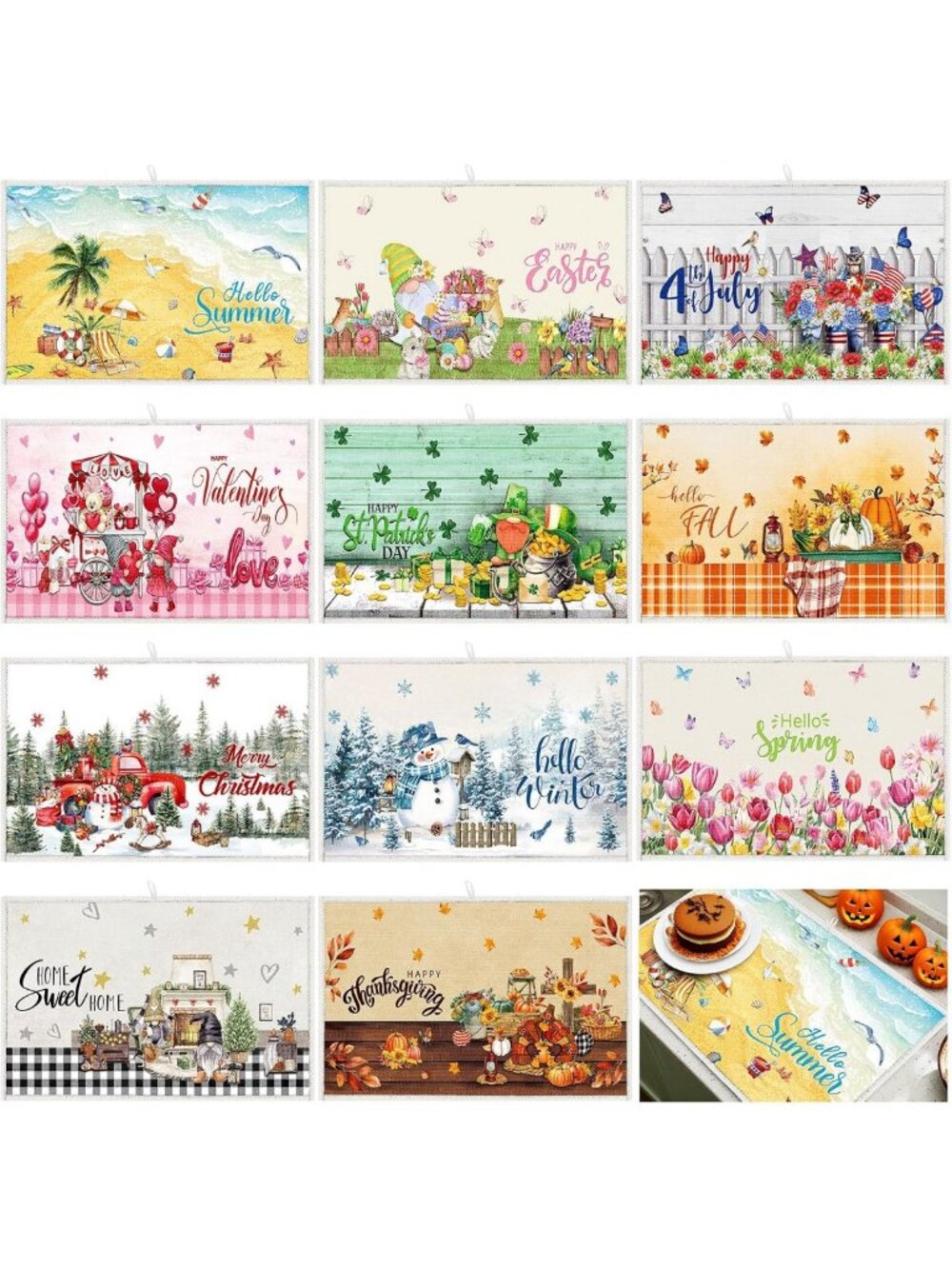 12 Pcs Holiday Dish Drying Mats - Absorbent Microfiber Kitchen Counter Decor
